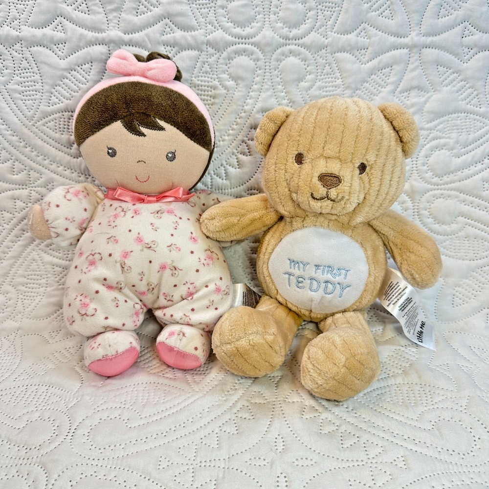 Little Me Plush Doll Bear Lot Girl Floral Pajamas My First Teddy Tan Ribbed Toy